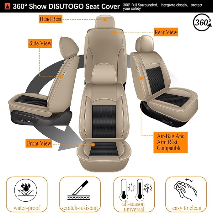 Seat Covers Fit for Toyota Camry 2012-2023 2024 2025: Car Seat Covers Full Set 5 Seats Leather Ice Silk Breathable Waterproof Automotive Seat Cushion Protector (Black & Beige)