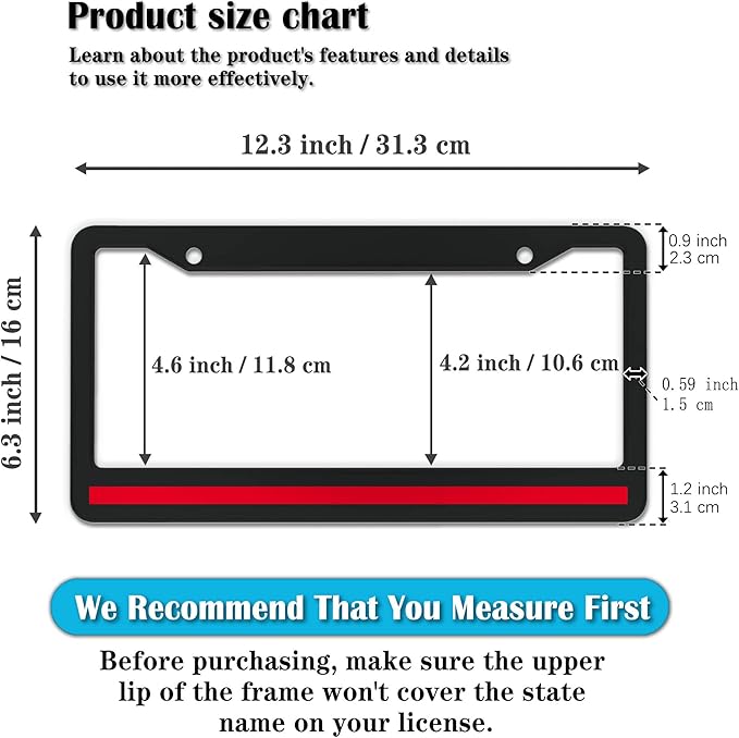 License Plate Cover Black and Red License Plate Frames Firefighter Red Line Flag Universal Aluminum Car Accessory 2 Pack with Screw Covers Set