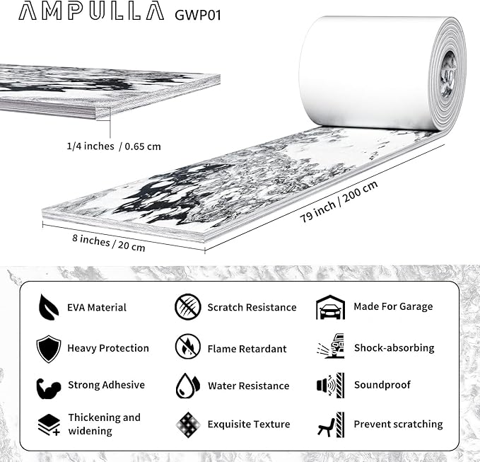 Ampulla GWP01 Marble Grain Garage Wall Protector Car Door Protectors, Garage Accessories, Parking Stopper for Garage, Tool-Free, Designed in Germany