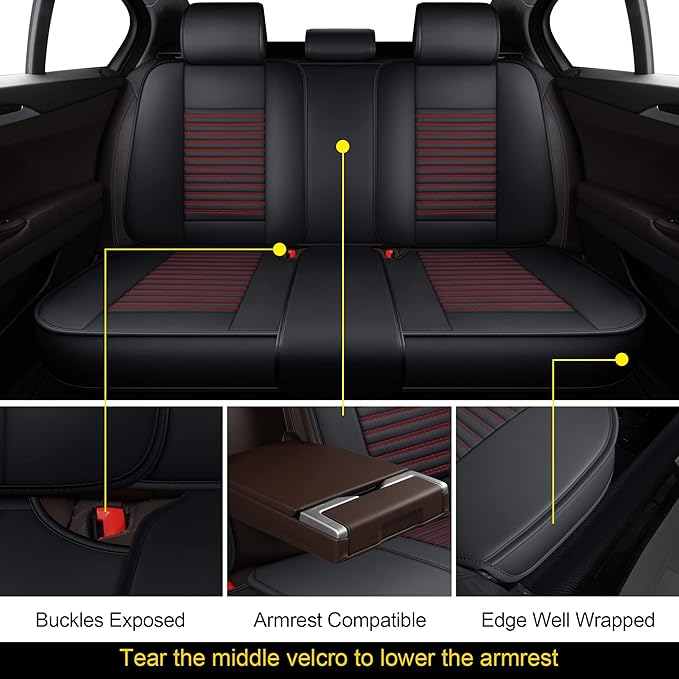 LINGVIDO Leather Car Seat Covers,Breathable and Waterproof Faux Leather Automotive Seat Covers for Cars SUV Pick-up Truck Sedan,Universal Anti-Slip Driver Seat Cover with Backrest (Rear Seat, Red)