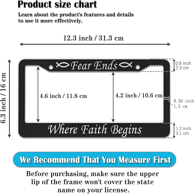 License Plate Frames Black and White Car Plate Frame Fear Ends When Faith Begins Aluminum Metal Car Accessory 2 Pack with Screw Covers Set