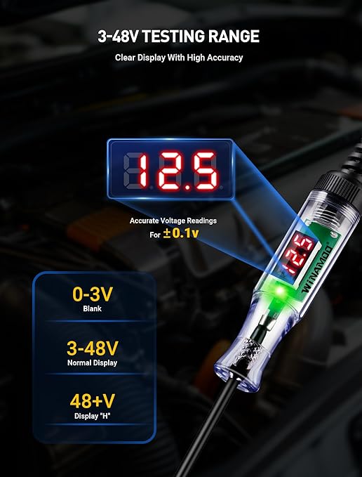 Automotive Test Light with 3-48V LED Digital Voltage Display, Auto Circuit Tester with Voltmeter & Dual Color Polarity Indicate, Electric Test Pen w/Stainless Probe for Car/Truck/SUV Checker
