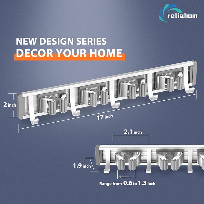 Broom Holder Wall Mount Mop and Broom Hanger Wall Mounted Garage Storage Rack Kitchen Garden Tool Organizer (4 Racks with 5 Hooks, Silver)