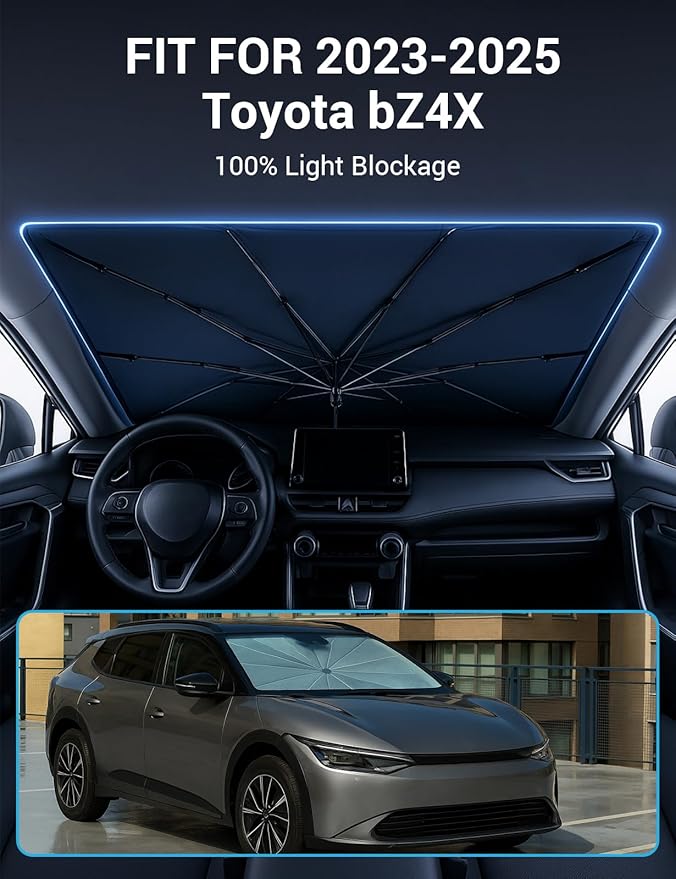 Proadsy Windshield Sun Shade Umbrella for Toyota bZ4X 2023-2025 2026 Foldable Car Umbrella Sunshade with Soft TPU Handle Spring Structure Crystal Cooling Material Protect Car from Rays & Heat