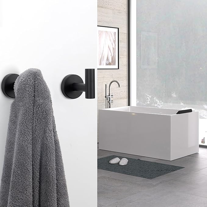 NearMoon Bath Towel Hooks- SUS 304 Stainless Steel Robe Hook Holder, Heavy Duty Coat Hook for Bathroom Livingroom Hotel Kitchen Garage, Wall Mounted (Matte Black, 8 Pack)