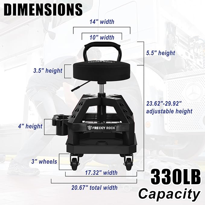 Rolling Shop Stool with Wheels, Heavy Duty Garage Work Mechanic Stool with Backrest, Adjustable Height 360°Swivel Rolling Chair with Tool Tray Storage, 330 LBS Capacity, Black