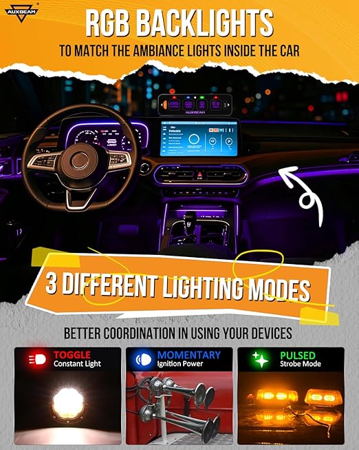 Auxbeam 4 Gang Slim Switch Panel RGB AS-R40 Toggle Momentary Pulsed Dimmable Backlight Multifunction Switch Panel with Memory Function for 12-24V Truck Offroad Car Marine Waterproof 2 Years Warranty