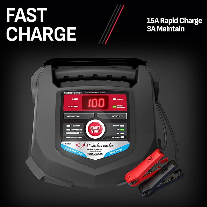 Schumacher Electric Car Battery Charger and Maintainer SC1280 4-in-1, 15 Amp, Fully Automatic for 6v and12v Automobile Batteries - Ideal for Motorcycles, Cars, Trucks, SUVs, Marine Batteries, and More