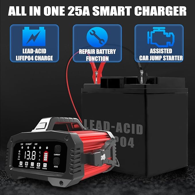 E-FAST 25A Battery Charger, 12/24V All in One Lifepo4 Lead Acid Car Battery Charger, Automotive Jump Starter, Upgraded Trickle Charger, Battery Maintainer for Car Truck Motorcycle Lawn Mower Boat