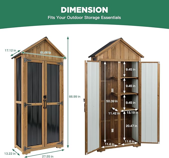 Outdoor Storage Cabinet – Weatherproof Wood & Metal Storage Shed with Adjustable Shelf, Lockable Doors, and Stability Features for Garden, Patio, and Backyard, 27 1/2”x 13”x 67” (Brown+Black)