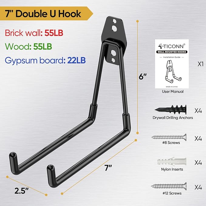 TICONN 2 Pack Heavy Duty Garage Hooks, Steel Utility Wall Storage Hooks, Wall Mount Hanger Organizer for Ladders, Bikes, Tools, Bulky Items (Large, Yellow Square)