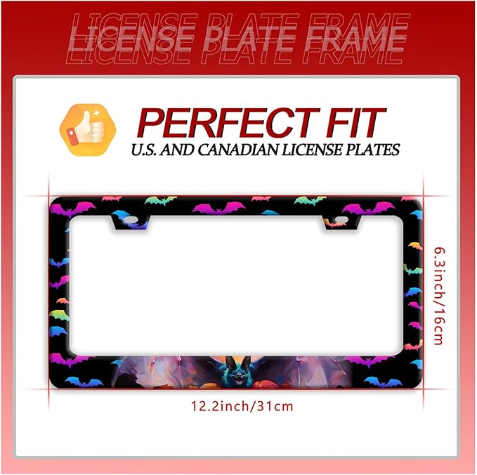 Bat License Plate Frame Funny Gothic License Plate Frames Stainless Steel Accessories Cars Decor with 2 Holes and Screws Reusable Fits Standard Us Ca Vehicles License Plate Holder 12.2 X 6 Inch