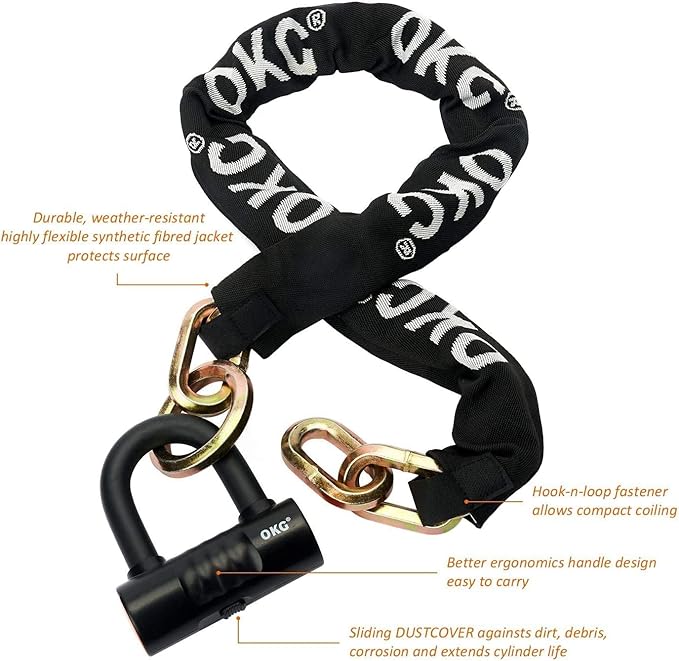 OKG Ultra Security Motorcycle Chain Lock, 4 Keys, 13lbs, 5 ft x 1/2in (12mm) Thick Motorcycle Lock Chain, Heavy Duty Chain Lock, High Security Cut Proof Chain Combo Anti Theft Heavy Duty Small U-Lock