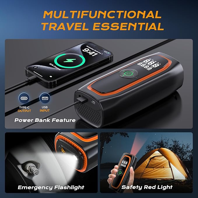 Tire Inflator Portable Air Compressor, 220PSI Air Pump for Car Tires with 26000mAh Battery, One Click Smart Air Pump Tire Inflator for Car, Motorcycle, Bicycle and More with Tire Pressure Gauge