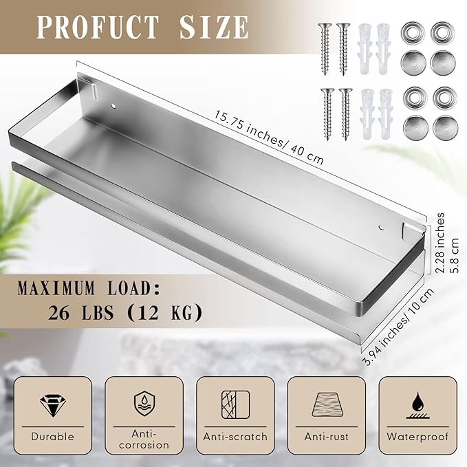 Lallisa 2 Pieces Stainless Steel Shelf Bathroom Shower Floating Shelves Wall Mounted Shower Caddy Basket Shelf Storage Organizer Shelves for Bathroom, Kitchen, Living Room (Silver,15.75 Inch/ 40 cm)