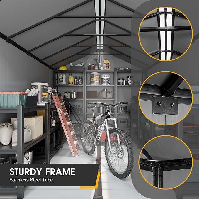 8 x 8 FT Resin Tool Shed, All-Weather Outdoor Storage Shed with Floor, Lockable Doors & Windows, Plastic Garden Shed for Poolside, Backyard, Patio