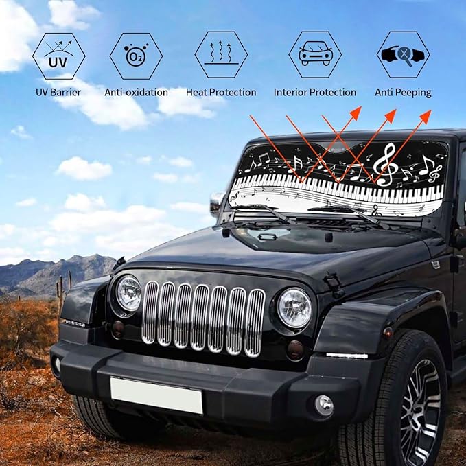 Black White Music Car Windshield Sunshade Front Window Sun Visor Protector Foldable Shield Cover for Truck SUV