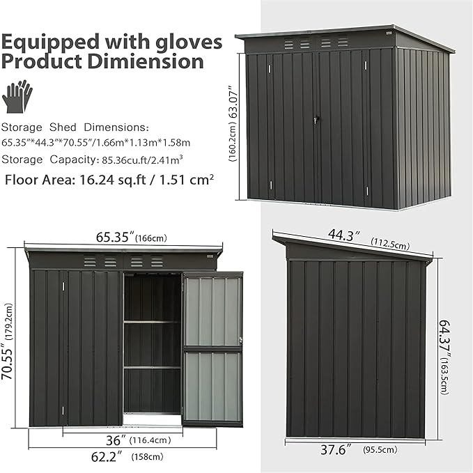 IKERY Compact Galvanized Steel Garden Shed - 5' x 3' with Sloping Roof and Lock, Metal Utility Storage for Small Backyard or Balcony, Dark Gray