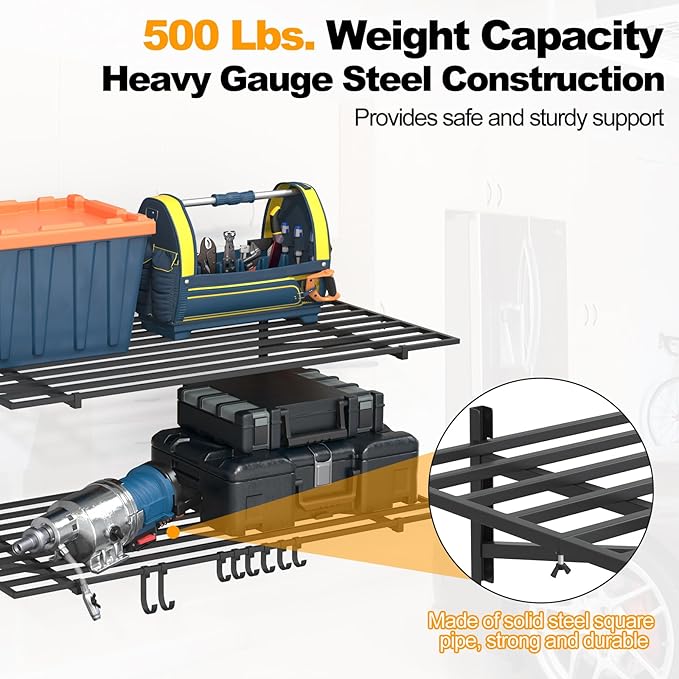 2-Pack 2×4ft Steel Garage Wall Shelving, 500lbs Each Load Capacity, Black, Hooks, Tool & Equipment Storage