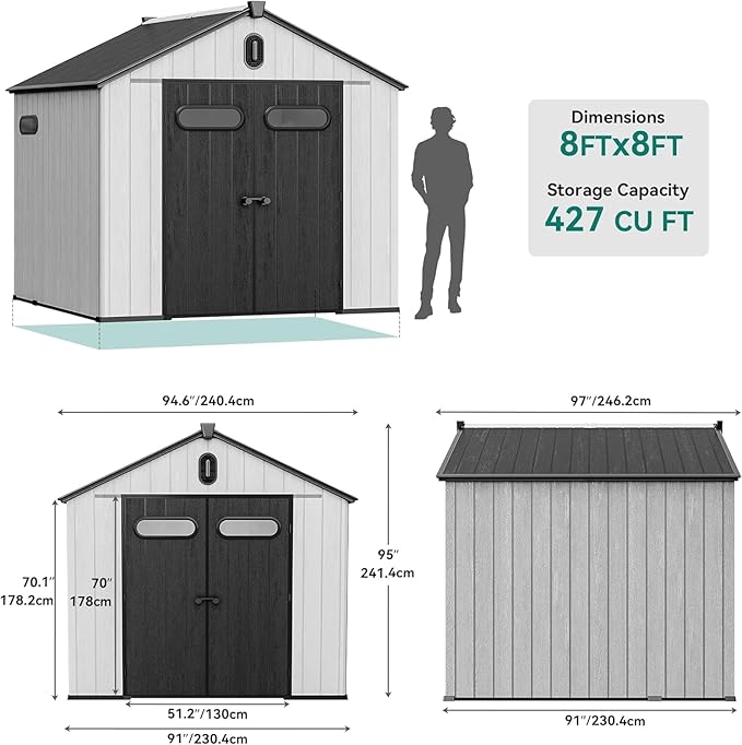 YITAHOME 8x8ft Resin Storage Structure, Outdoor 427 cuft Plastic Garden Storage Unit with Windows, Vents and Lockable Entrance, Waterproof Tool Organizer with Flooring for Lawn Equipment