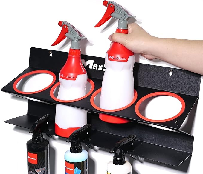 Maxshine Universal Spray Bottle Holder (16oz/34oz) - Holds 7 IK Trigger Sprayers with 3 Small Holes, Sturdy & Lightweight Wall-Mounted Organizer for Detailing Accessories