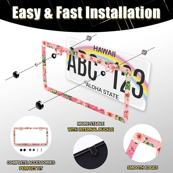 Watercolor Roses License Plate Frame Pink Floral Flower License Plate Holder for Women Car Decorative Stainless Steel Colorful License Plate Flowers Auto Parts with Screws 12.2" x 6.2"