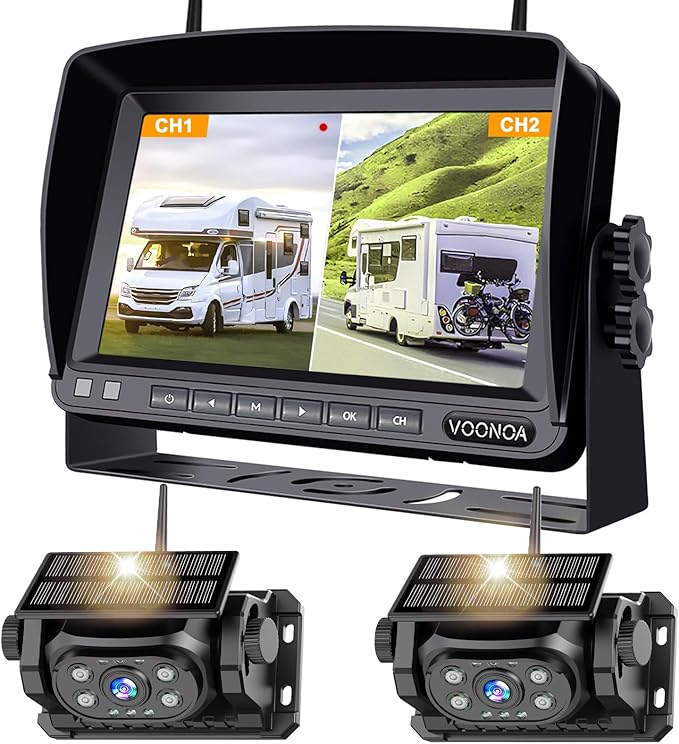 2 Magnetic Wireless Backup Camera with 7'' HD 1080P DVR Monitor System, 9600mAh Rechargeable Waterproof Dual Solar Reverse Camera for Hitch Towing Car Trailer Truck RV VN007