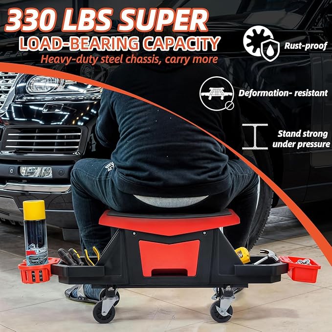 YITAHOME Detailing Stool with Wheels, Mechanics Seat With 2 Removable Trays and Drawer, Heavy Duty Rolling Garage Stool 330 LBS Capacity, Rolling Tool Seat for Automotive Auto Repair Car Wash Upgraded
