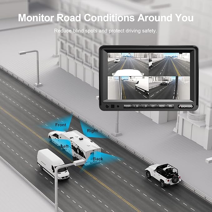 Fookoo HD 1080P 7" Wired Backup Camera System, 7-inch Quad Split Screen Monitor W/Recording, IP69 Waterproof Side View Rear View Cameras, Parking Lines for Truck/Trailer/RV/Tractor/ 5th Wheel (DY704)