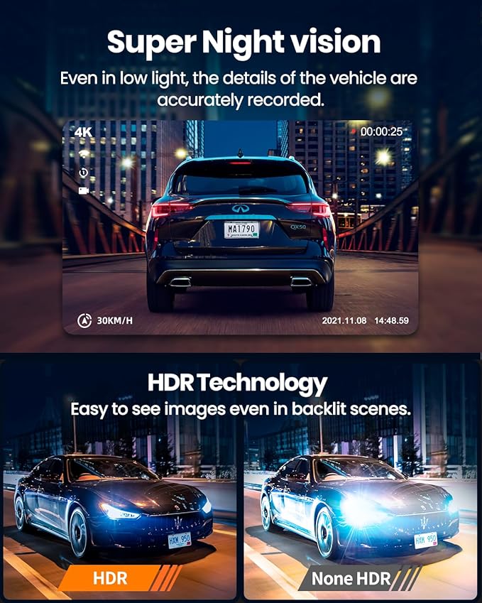 4K Dash Cam Front and Rear, Built-in WiFi GPS, 3.3"IPS Screen, HDR Night Vision Car Dash Camera, for App Control, G-Sensor, Loop Recording, Accident Record, Parking Monitor, Support 512GB Max