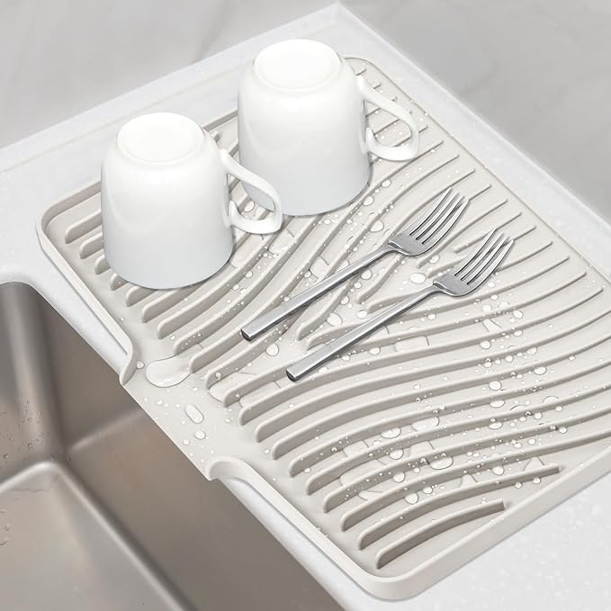 Silicone Dish Drying Mat, Stone Drying Mat for Kitchen Counter with Built-In Drain, Non-Slip Drain Pad with Built-in Drain, Heat Resistant Stone Drying Mat, 1Pcs 19.7" x 17", Cream