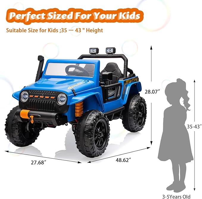Hetoy 24V 2 Seater Ride On Car for Kids, Electric Truck with Remote Control, Ride on Truck w/ 4-Wheeler Suspension, 4x55W Powerful Engine, 4WD Battery Powered, LED Lights, Soft Braking(Blue)