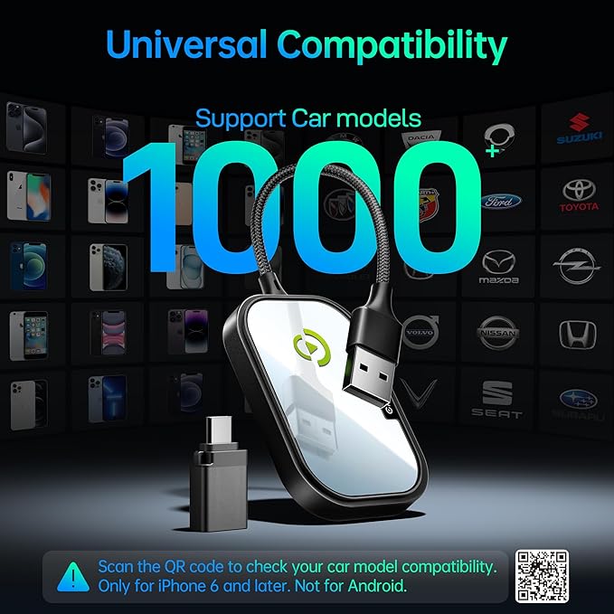 Wireless CarPlay Adapter for Apple iPhone, Converts Factory Wired CarPlay to Wireless CarPlay 2024 Upgrade Plug & Play Auto Connect for Cars from 2015 & iPhone iOS 10+ Black Not for Tesla & Andorid
