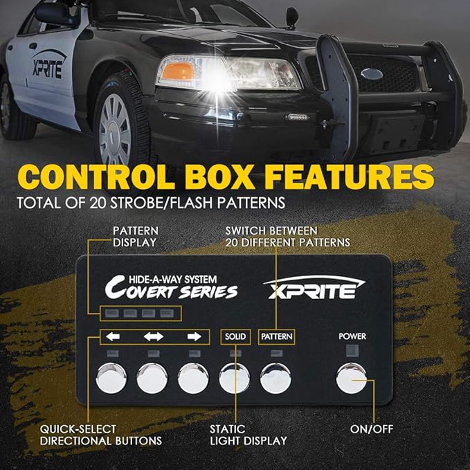 Xprite White Amber LED Hideaway Strobe Lights Kit 20 Flashing Patterns w/Control Panel Headlights Taillights Fog Marker Light Interior Mounting, for Emergency Vehicles Trucks SUV Vans 12V Cars 4 PCs