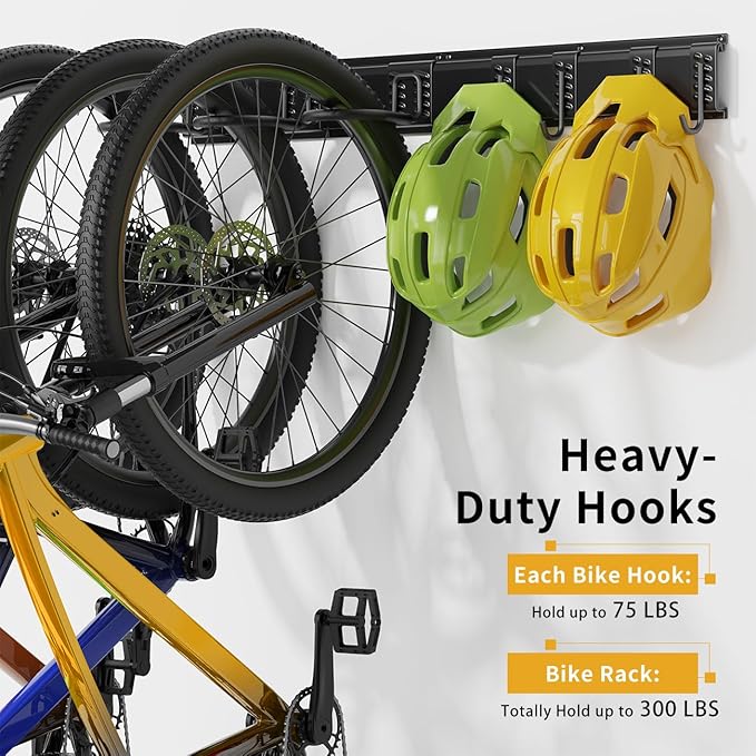 Bike Storage Rack 48Inch for 6 Bikes + 5 Helmets, Up to 500lbs, Heavy Duty Bike Hangers for Garage, Bike Hooks for Garage, Solid Steel Bicycle Storage, Bike Wall Mount, New Black