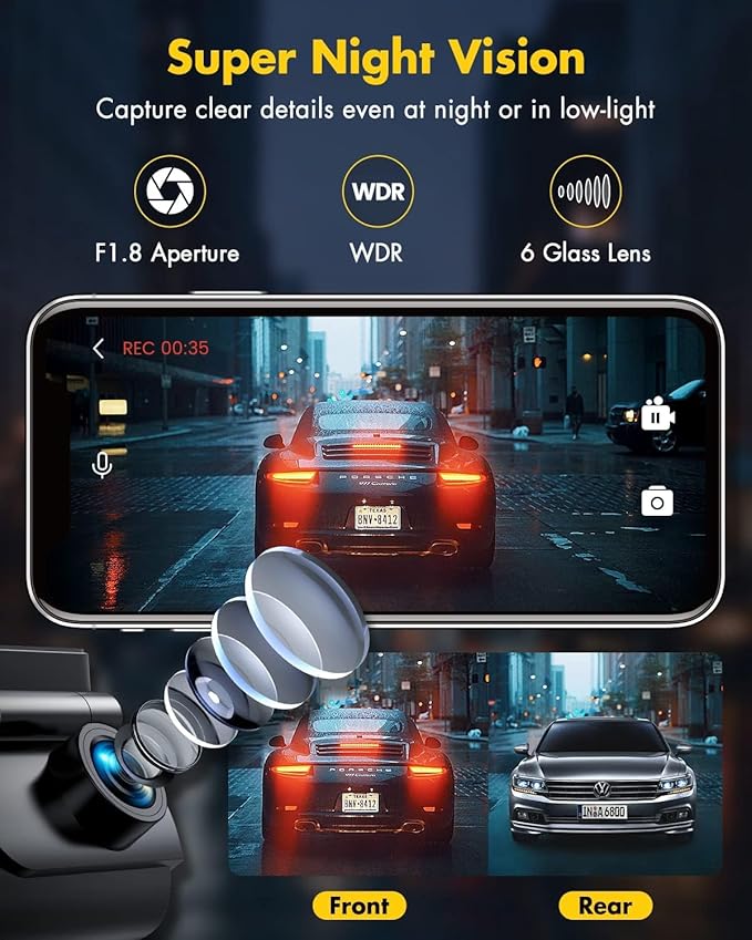 GKU Dash Cam Front and Rear Camera – 4K+1080P Dual Dash Camera for Cars with 64GB SD Card, 5GHz WiFi & App Control, Night Vision, Parking Mode, G-Sensor, Loop Recording, WDR, 170° Wide Angle