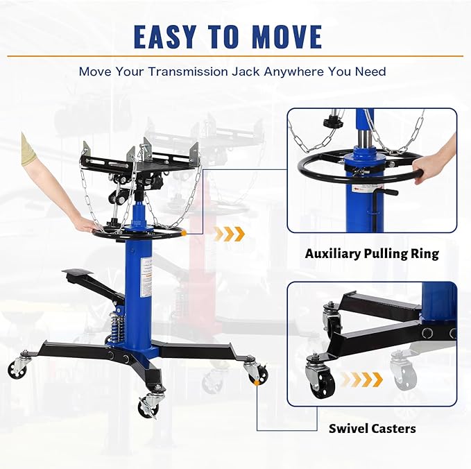 Transmission Jack with 2 Stage Hydraulic Ram, 1322 LBS Hydraulic Telescoping Transmission Jack with Foot Pedal & 360° Swivel Wheels, Heavy-Duty Garage/Workshop Jacks for Car/Truck Repairs, Blue