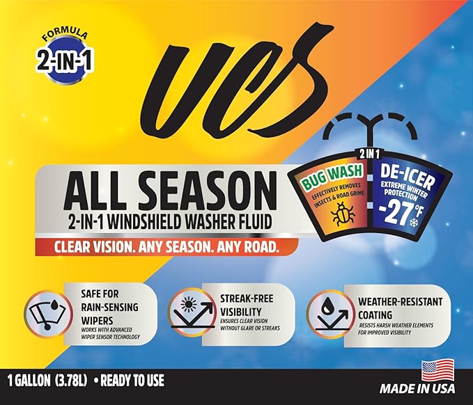 UCS Advanced All-Season Windshield Washer Fluid | Winter Protection to -27°F | 2-in-1 Bug Wash & Water Beading Technology | Streak-Free Visibility | Safe for Rain-Sensing Windshields | 1 Gallon