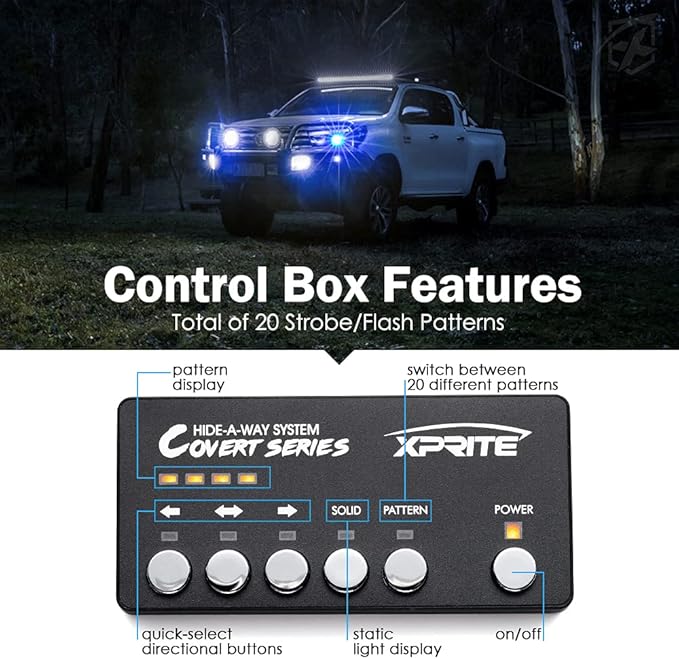 Xprite Blue LED Hideaway Strobe Police Lights Kit, 20 Flashing Patterns w/Control Panel for Headlights Taillights Hazard Warning Mounting, for Emergency Vehicles Volunteer Cars Trucks SUV 4PCS
