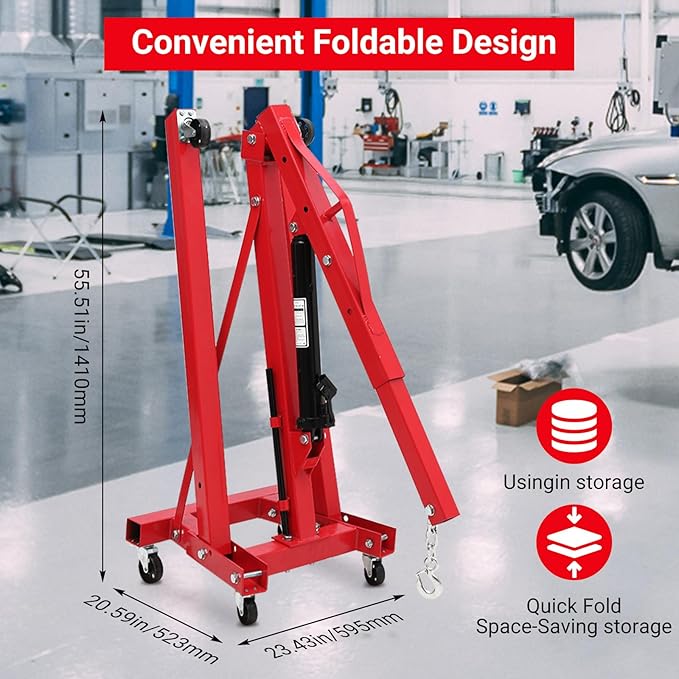 2 Ton Engine Hoist, Folding Cherry Picker Engine Hoist with Lever and 6 Casters, 4400lbs Heavy Duty Hydraulic Shop Crane, Engine Crane Lifter for Workshops Garage Warehouse