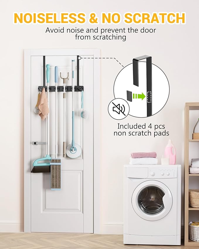 Lorbro Broom Holder Door Mount, Over the Door Broom and Mop Holder with 2 Over Door Hooks, Wood Broom Hanger, Tool Rack Organizer for Laundry, Garage, Closet, Kitchen Decor, 4 Slots & 4 Hooks Rustic