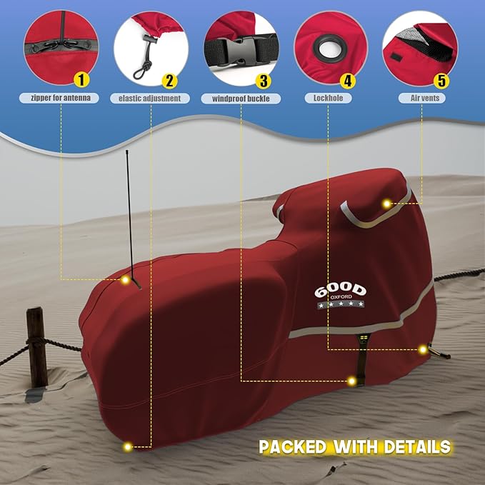 Rosefray Motorcycle Cover with Side Box Heavy Duty 600D Waterproof for Touring Models Harley Davidson Road King,Road Glide,Street Glide, Electra Glide,Low Rider-ST Indoor & Outdoor Storage Red