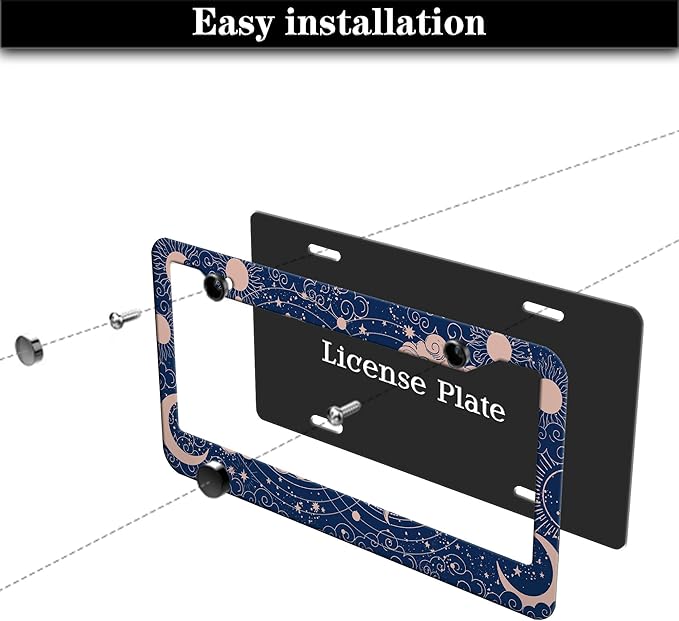 License Plate Frames for Women Blue License Plate Holder for Men Moon Sun Universal Aluminum Car Accessory 2 Pack with Screw Covers Set