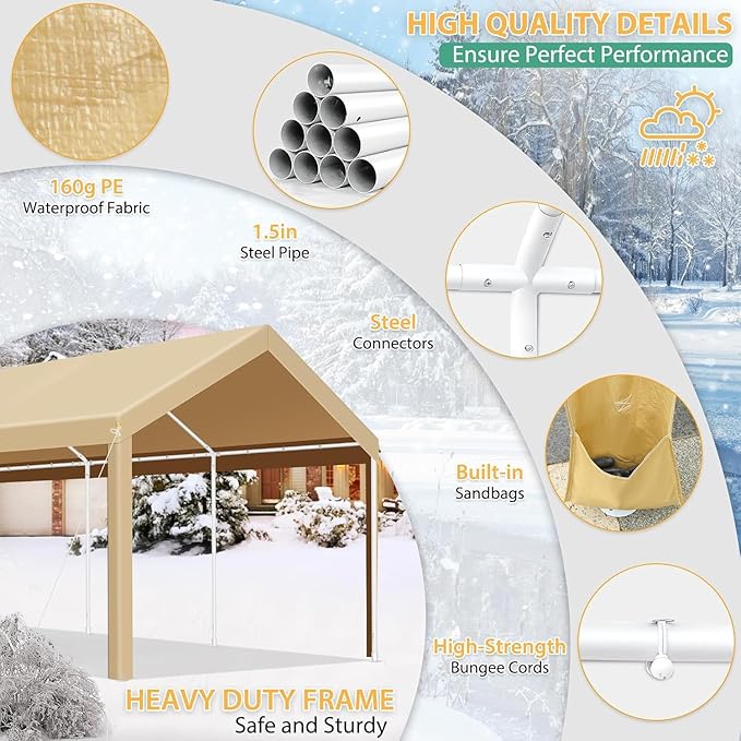 COBIZI Carport 10x20ft Heavy Duty Portable Garage, 2.0 Powder Coated Frame(Better Than Galvanized), Waterproof Shelter with Removable Sidewalls & Windows, Built-in Sandbags, for Car/Boat/SUV, Khaki