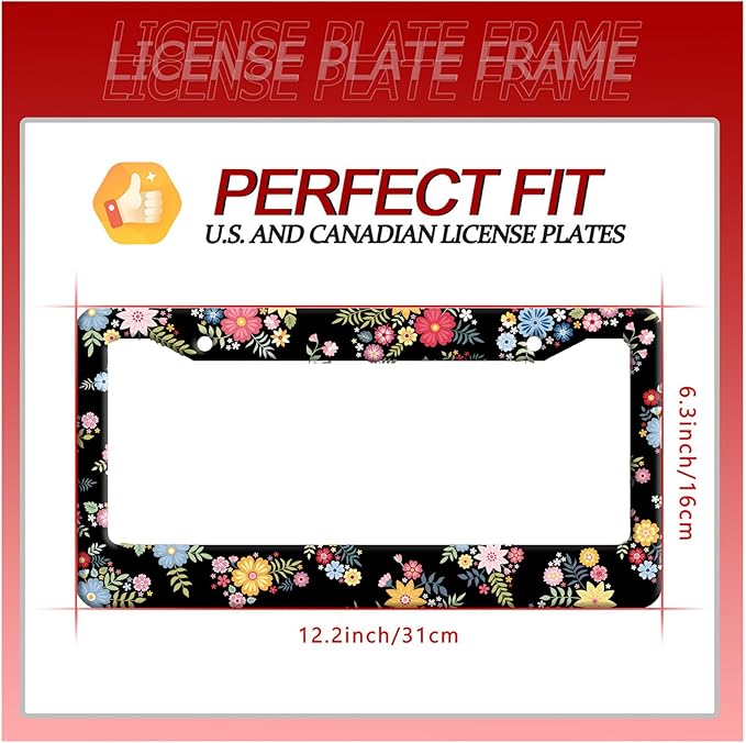 Colorful Flowers License Plate Frame Beautiful Floral License Plate Frames Stainless Steel Accessories Cars Decor with 2 Holes and Screws Fits Standard US CA Vehicles Size 12.2 x 6 Inches