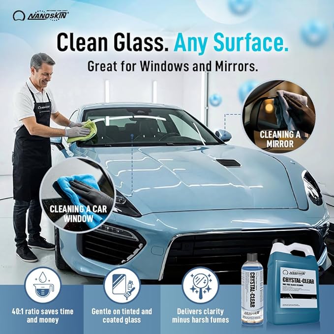 Nanoskin CRYSTAL-CLEAR VOC-Free Glass Cleaner 16 oz - Ultra-Concentrated, Eco-Friendly, Streak-Free Finish | Versatile Use for 40:1 Dilution | Perfectly Safe for Auto, Home, Garage & Beyond