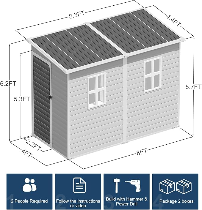 8x4 FT Resin Storage Shed with Floor Window for Outdoor Garden Waterproof Plastic Sheds Kit for Backyard Tool Storage, Gray