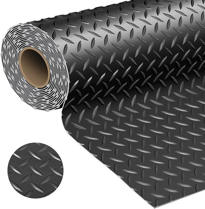 Garage Floor Mat 2.8mm Thickness PVC Garage Flooring Roll Diamond Plate Floor Mats for Garage, Workshop, Gym, Golf Cart Parking or Trailers (Black, 7.5 x 20 FT)