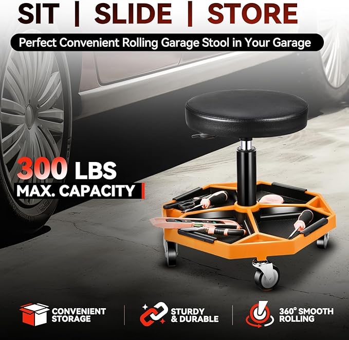 Auto Dynasty Mechanic Stool, Adjustable Rolling Pneumatic Creeper Garage Shop Seat with Tool Tray, 300 LBS Roller Seat for Workshop Auto Repair, Adjustable Height 15.7" to 21", Orange
