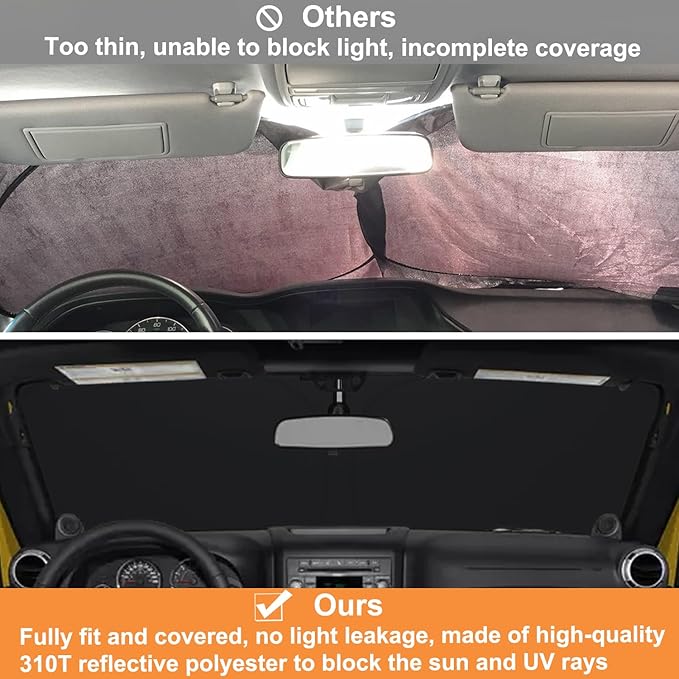 Windshield Sun Shade for Jeep Wrangler JK 2007-2018, Foldable Heat Shield with UV Protection, Custom Fit for 2/4 Door Models, Car Window Visor Accessories